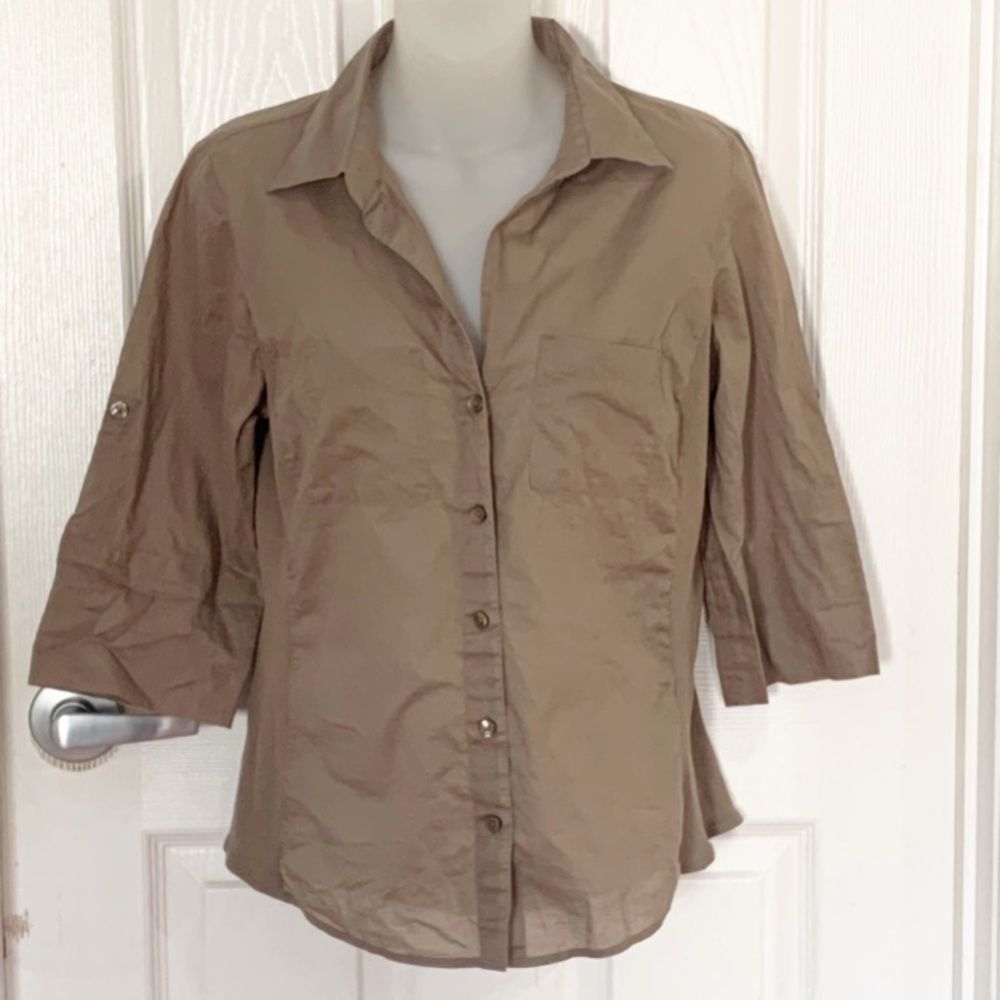 Ann Taylor Taupe Button-Front Utility Shirt